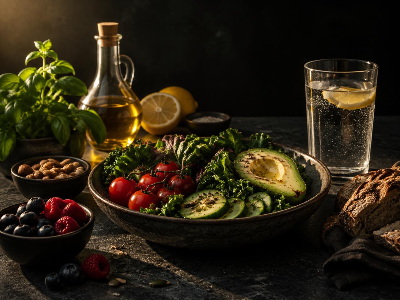 Imagem editorial: mesa escura com salada fresca, frutas vermelhas, azeite e água com limão
